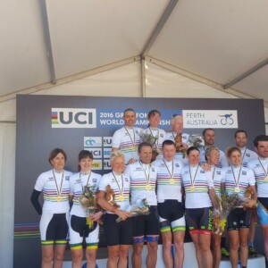 Riders charge around the turnaround point as they vie for a rainbow jersey in Perth. Image: UCI Gran Fondo World Series.